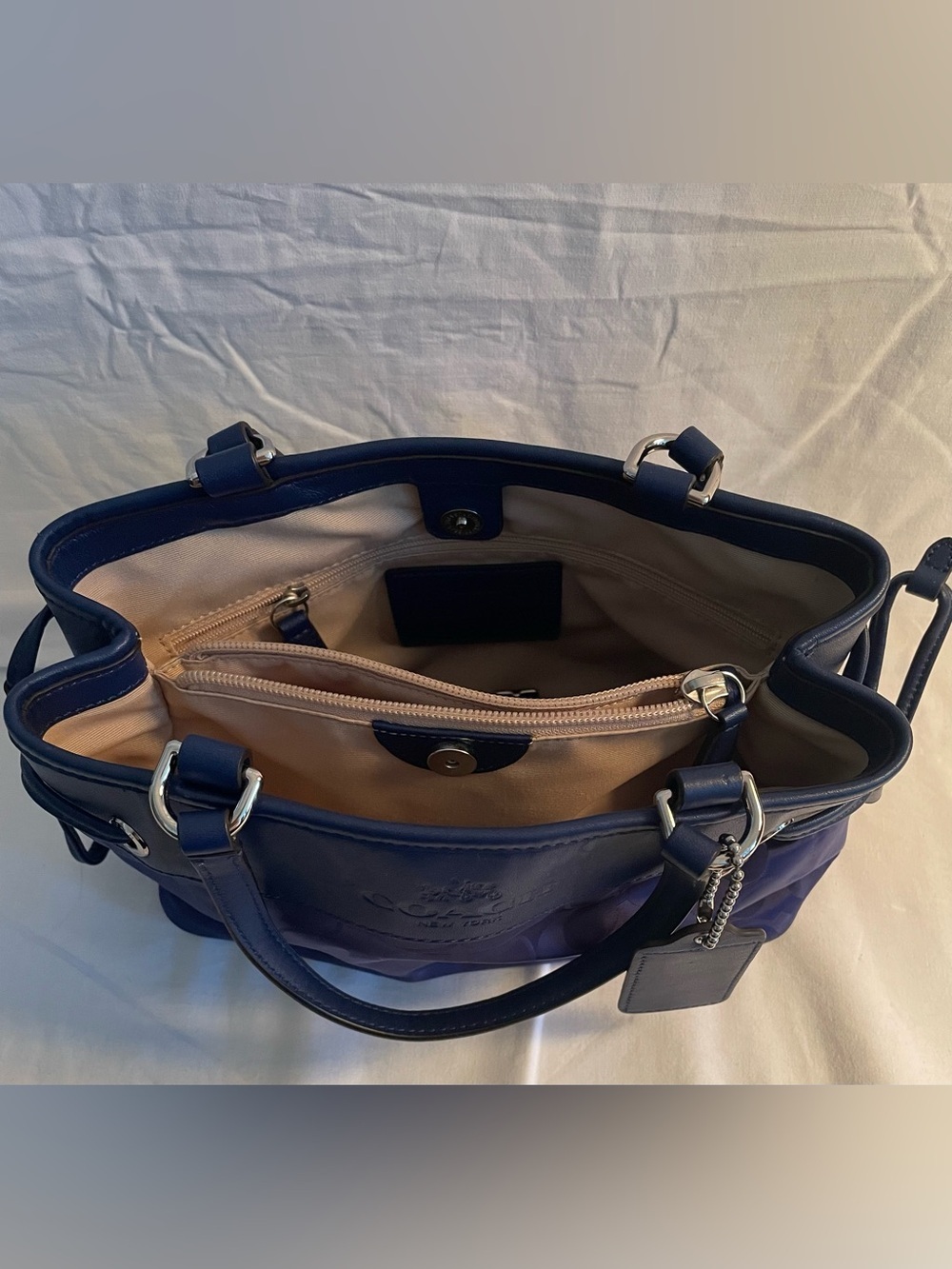 Coach Blue Signature Shoulder Purse / Hand Bag with Leather Trim - Picture 5 of 15